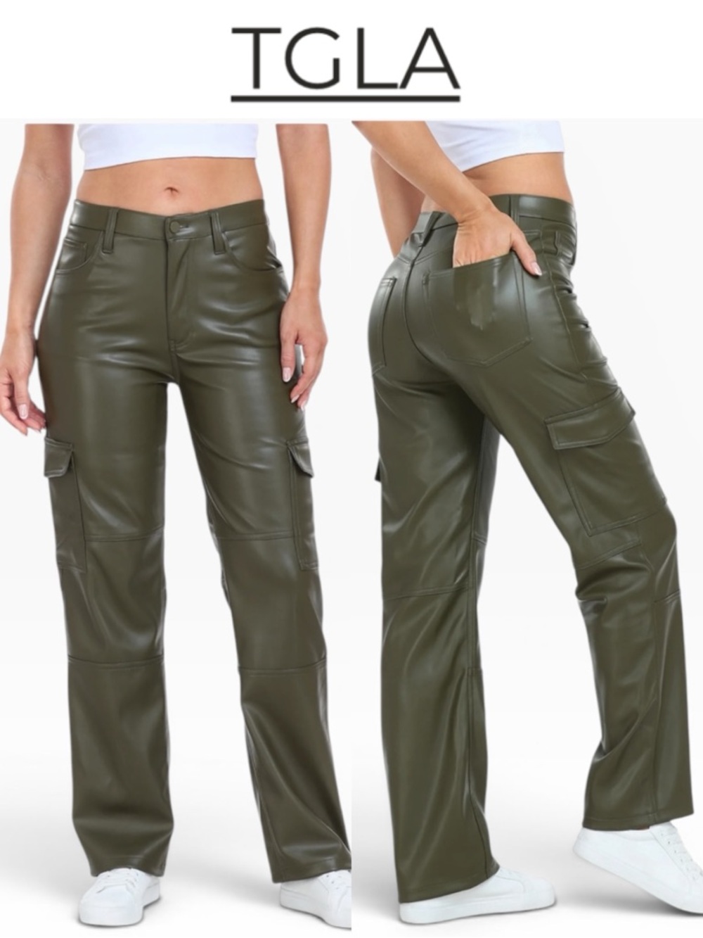 TGLA OLIVE GREEN FAUX LEATHER CARGO PANTS VEGAN UTILITY STRAIGHT LEG PANTS